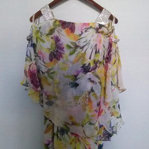 NWOT MSK Embellished Sheer Cape Overlay Floral Knee Length Sheath Med Dress